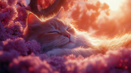 Dreamy close-up of serene orange cat sleeping deeply among lush pink sakura petals under warm, glowing sunset