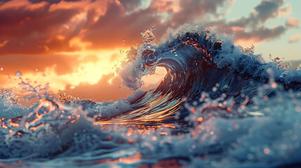 3D artistic rendering of The Great Wave off Kanagawa featuring dynamic splashing water and dramatic motion, ideal for art, design, and illustration searches.
