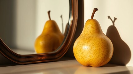 Pear beside mirror with dramatic chiaroscuro lighting emphasizing texture and reflection&rdquo;Fantastic Frontiers Digital Artwork series ar 16:9
