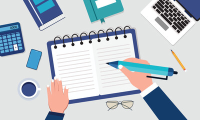  Online education concept, back to school. Hands writing on books with smartphone at student desk, top view