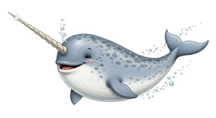 Delightful narwhal cartoon character swimming happily with bubbles, perfect for children's books, educational materials, and whimsical designs © Dynavision