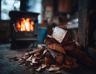 Cozy wood stove with stacked firewood