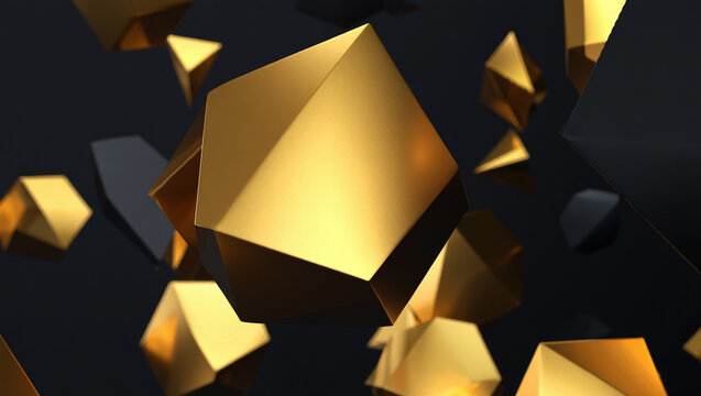 Photo of abstract golden polyhedra float in a dark, mysterious void, creating a sense of luxury and depth