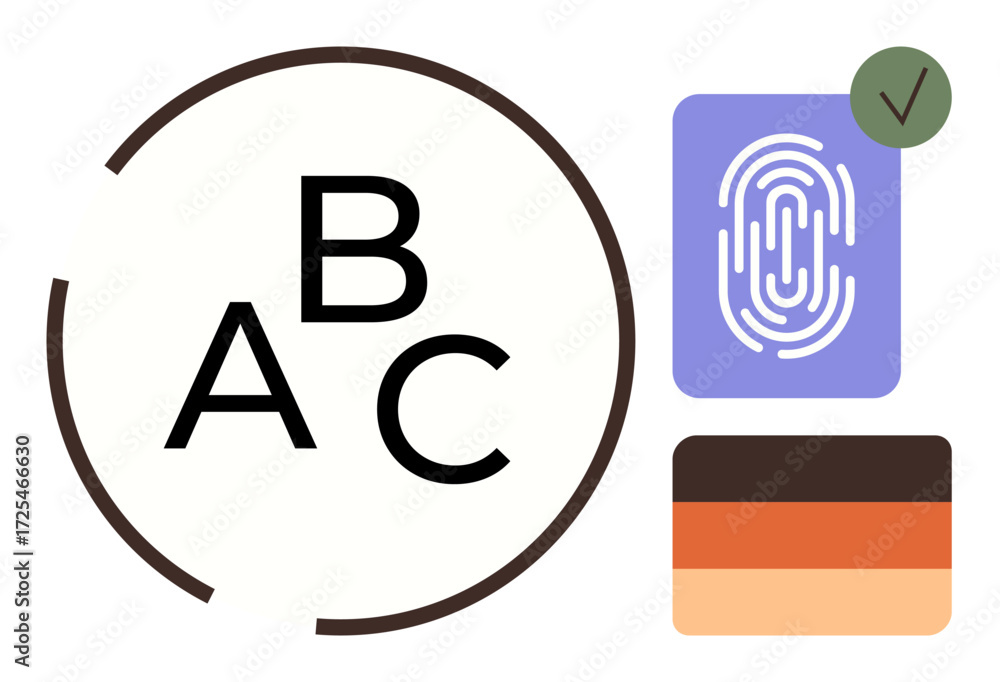 Poster three alphabet letters in a broken circle, a fingerprint with a check mark, and layered colors symbo