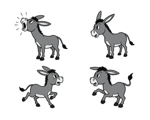 Four cartoon donkeys in different poses and expressions showcasing their playful and vocal nature on a white background
