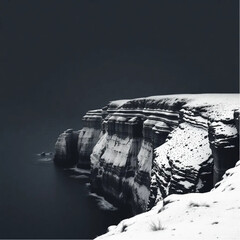 Fototapeta premium A surreal depiction of Cliffs of Moher during midnight in autumn, under snow-covered conditions, capturing unique natural textures and atmospheric mood.
