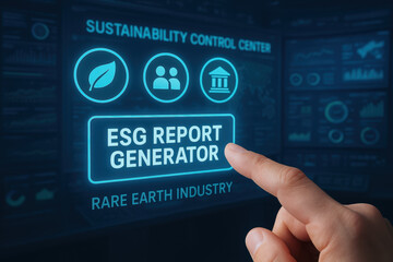 ESG report generator sustainability consulting center rare earth industry digital interface hand finger touchscreen button icon