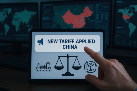 Businessman using tablet displaying rare earth industry tariff analysis with China trade data and global economic impact visualization