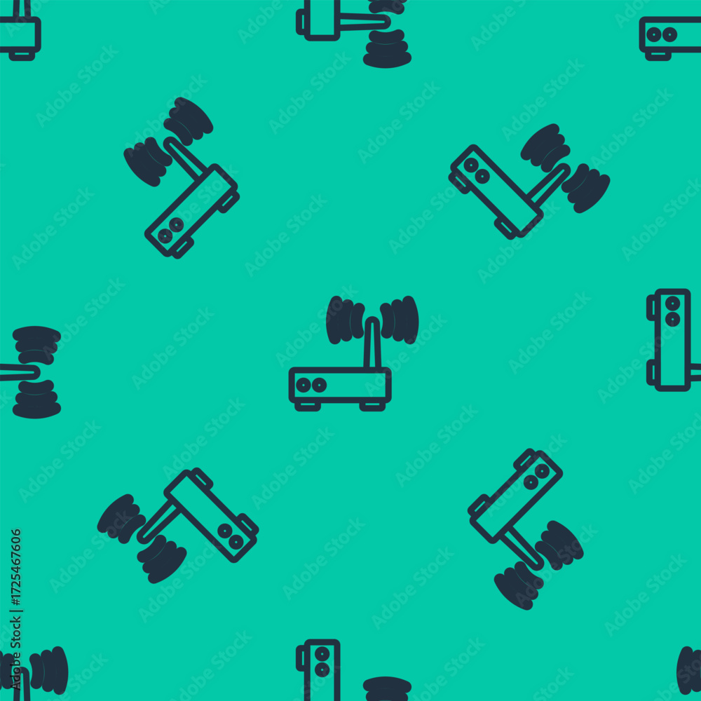 Poster blue line router and wi-fi signal icon isolated seamless pattern on green background. wireless ether