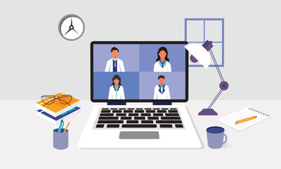 Video meeting on laptop screen. Remote communication, online conference, and virtual course concept. People communicating on video chat Teamwork