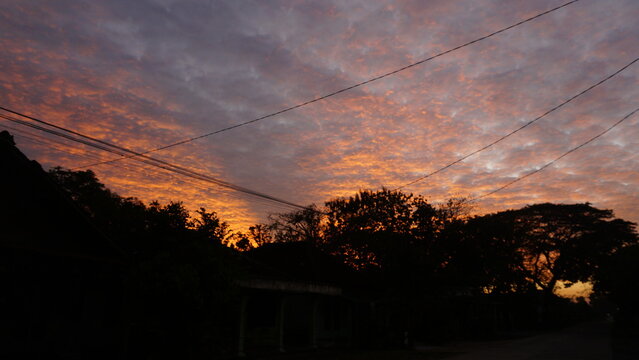 sunrase in villlage, aphoto itook in the eary morning in the countryside,showing a colorful sunrise sky with  shades of purple,pink,and the silhouette of trees and power lines