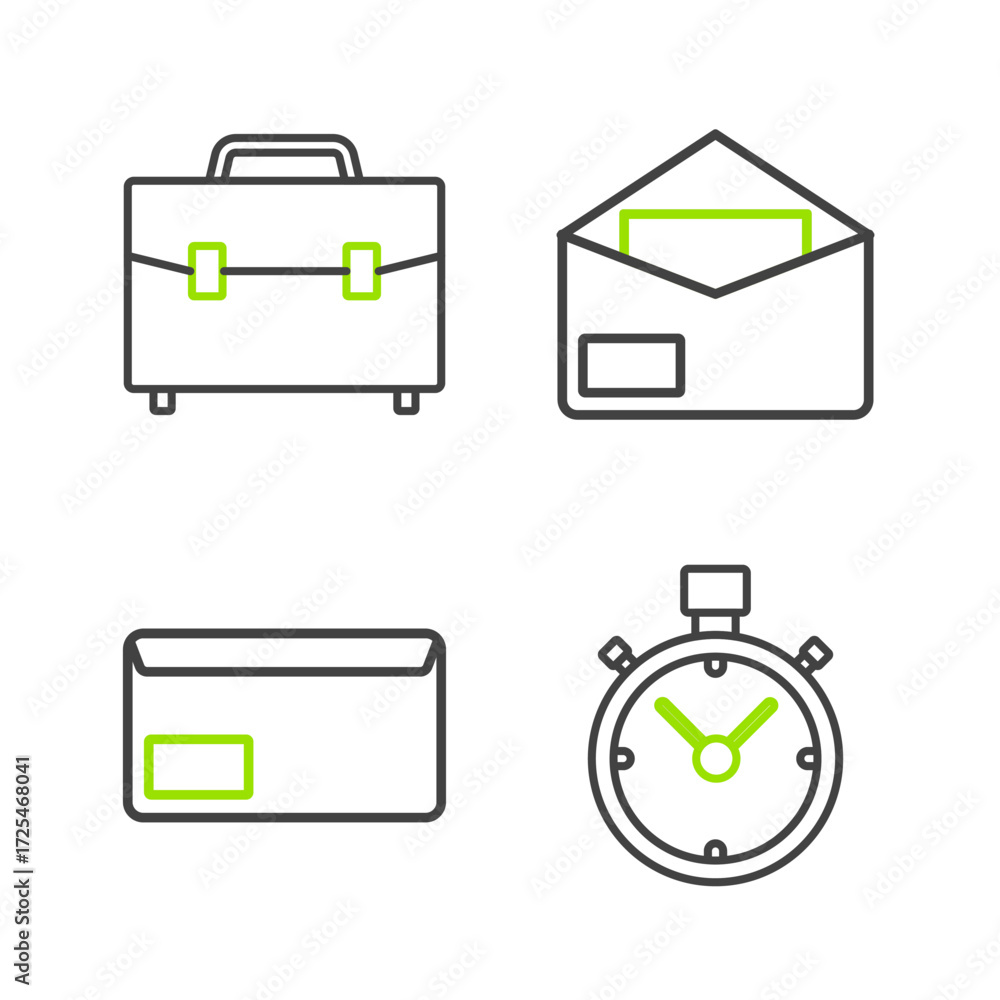 Poster set line stopwatch, envelope, and briefcase icon. vector