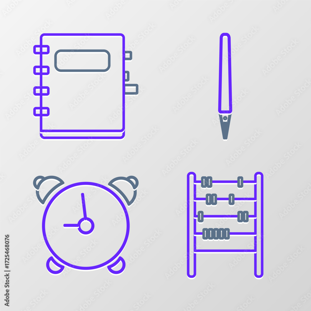 Poster set line abacus, alarm clock, pen and notebook icon. vector