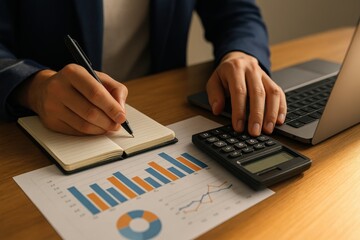 Businessman with calculator writing notes and analyzing finance charts