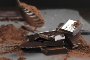Broken dark chocolate and cocoa powder on a dark table