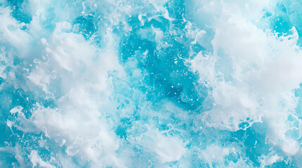 Vibrant turquoise and white foamy ocean water splashing dynamically, creating abstract texture of movement and bubbles, perfect for refreshing background