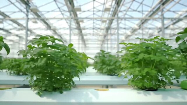 Basil Plants Growing in Modern Greenhouse Hydroponics System