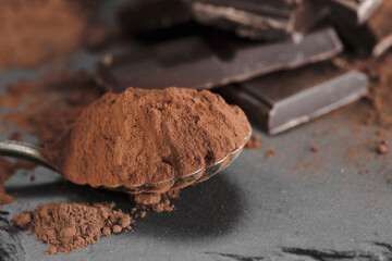 Broken dark chocolate and cocoa powder on a dark table