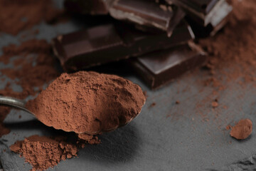 Broken dark chocolate and cocoa powder on a dark table