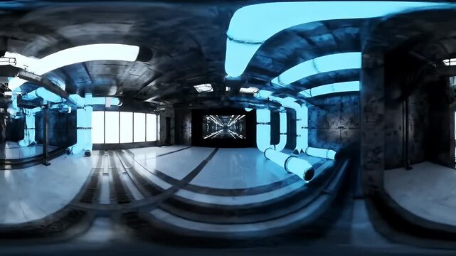 360 Degree View of Illuminated Hallway with Light Blue Neon Lights and Metallic Walls in a Dark Futuristic Setting