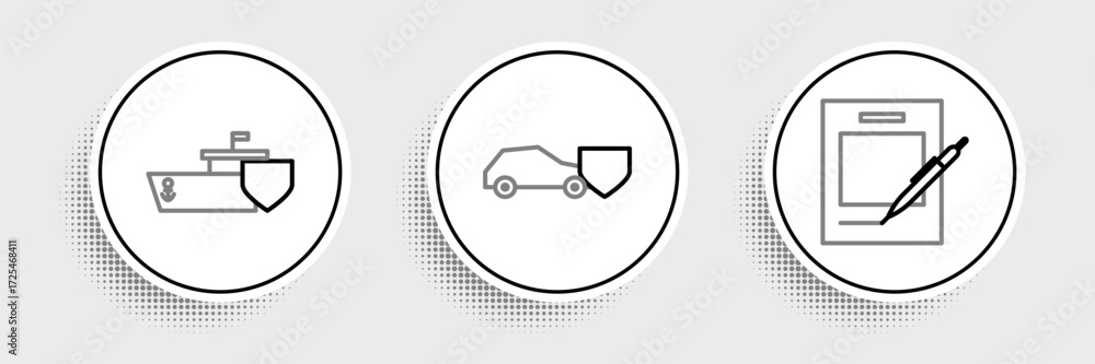 Poster set line blank notebook and pen, ship with shield and car icon. vector