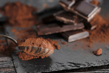 Broken dark chocolate and cocoa powder on a dark table