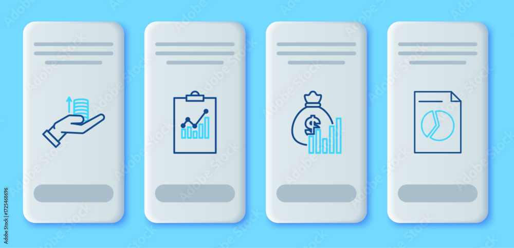 Poster set line clipboard with graph chart, money bag and diagram, hand and document icon. vector
