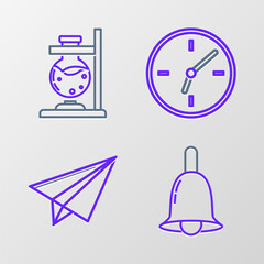 Set line Ringing bell, Paper airplane, Clock and Glass test tube flask on fire icon. Vector