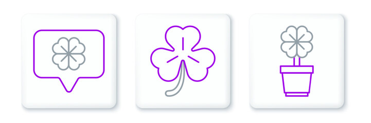 Set line Four leaf clover in pot, speech bubble and icon. Vector