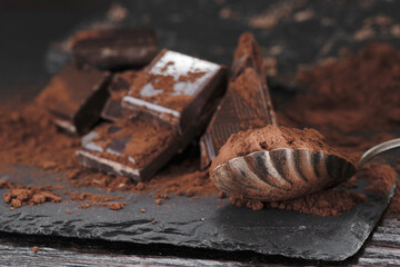 Broken dark chocolate and cocoa powder on a dark table