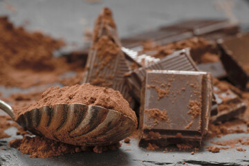 Broken dark chocolate and cocoa powder on a dark table