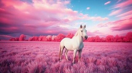 White horse grazing in vibrant infrared pasture with surreal dreamlike lighting&rdquo;Fantastic Frontiers Digital Artwork series ar 16:9
