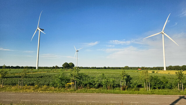 Landscape photo of row of wind turbines in meadow field. Green renewable energy, global warming, sustainability concept. 