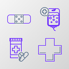 Set line Cross hospital medical, Medicine bottle and pills, IV bag and Bandage plaster icon. Vector