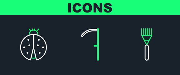 Set line Garden rake, Ladybug and Scythe icon. Vector