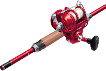 Red Fishing Reel And Rod Against Black Background
