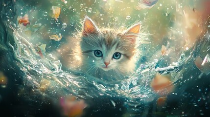 Kitten splashing water