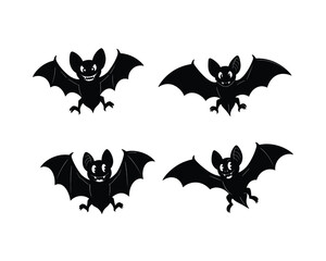 Four playful cartoon bats with outstretched wings and smiling faces in black silhouette against a white background
