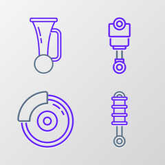 Set line Shock absorber, Car brake disk with caliper, Engine piston and Signal horn vehicle icon. Vector