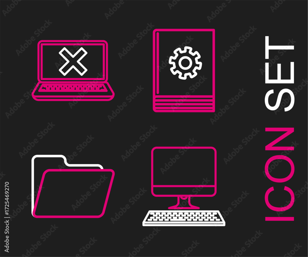 Poster set line computer monitor with keyboard, document folder, user manual and laptop and cross mark scre
