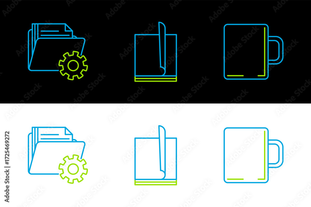 Poster set line coffee cup, folder settings with gears and file document icon. vector