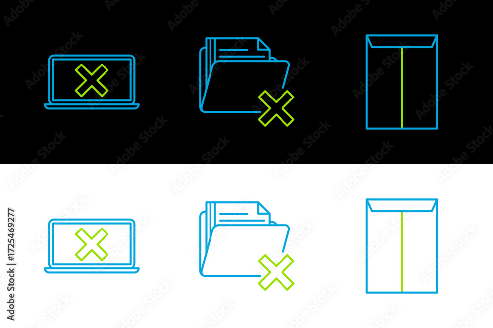Poster set line envelope, laptop and cross mark on screen and delete folder icon. vector
