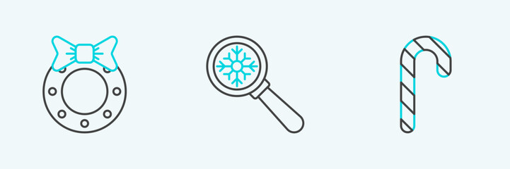 Set line Christmas candy cane with stripes, wreath and Magnifying glass snowflake icon. Vector