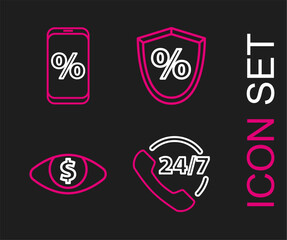 Set line Telephone 24 hours support, Eye with dollar, Loan percent and Percent discount and mobile icon. Vector