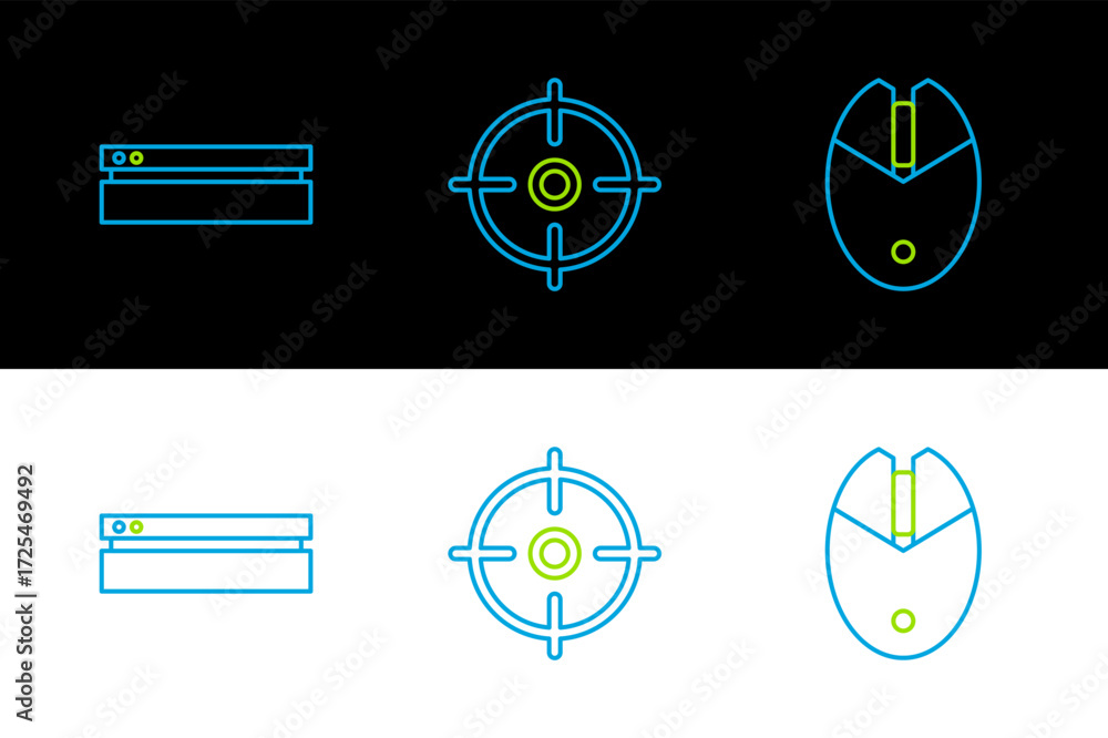 Aufkleber set line computer mouse gaming, video game console and target sport icon. vector