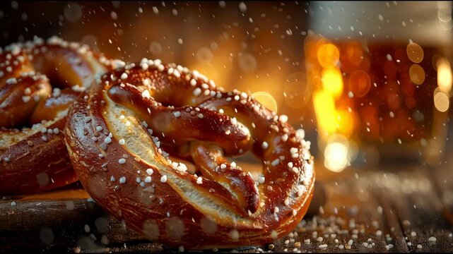 Perfect Pair: a traditional soft pretzel, salted to perfection, rests invitingly beside a full glass of golden beverage, all captured in a cozy, warm setting. 