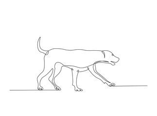 Pet dog in single outline illustration. Continuous line art drawing of cute dog. Editable stroke.