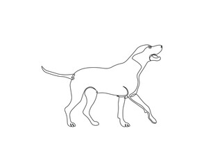 Pet dog in single outline illustration. Continuous line art drawing of cute dog. Editable stroke.