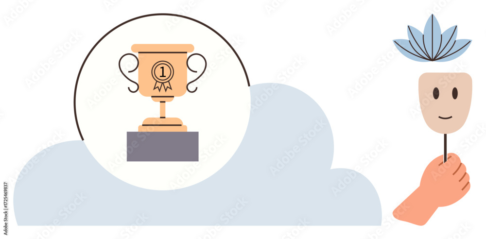 Poster smiling mask in hand beside circular frame with trophy inside cloud. ideal for success, authenticity