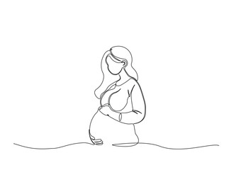 Pregnant woman in single outline illustration. Continuous line art drawing of pregnant woman holding her belly. Editable stroke.